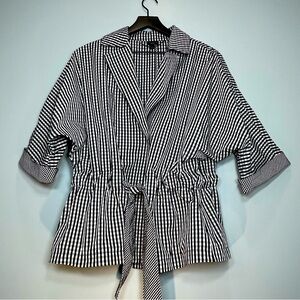 TALBOTS Womens Black White Gingham Lightweight Belt Jacket Dolman Sleeve Size L